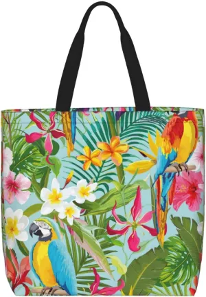 Tropical Plants And Parrots Duty Reusable Shopping One-Shoulder Bags â€“ Large Tote Bags Are Foldable