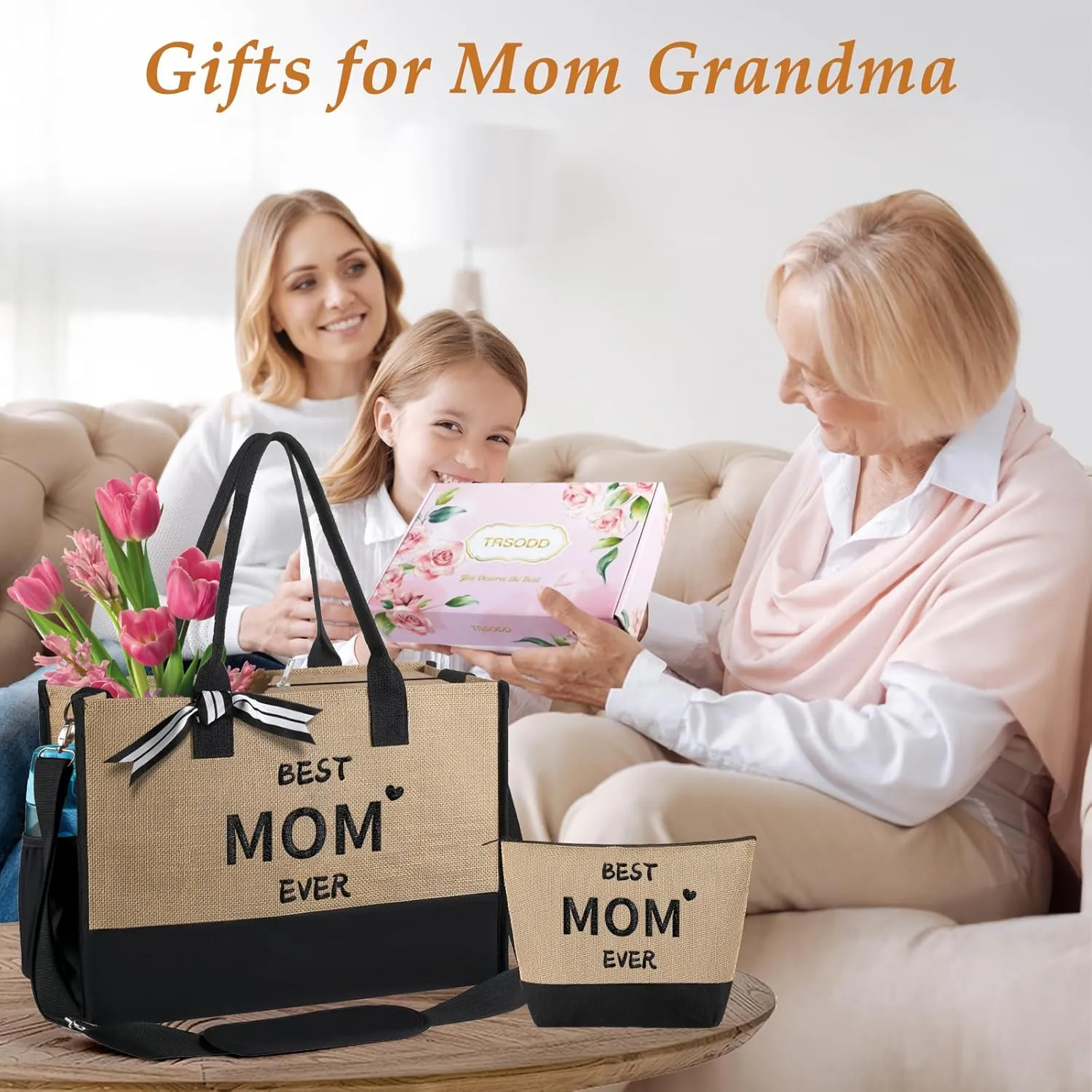 TRSODD Gigi Gifts for Grandma Gigi Mothers Day Gifts Birthday for Women Jute Embroidered Tote Bag and Makeup Bag