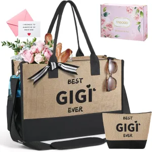 TRSODD Gigi Gifts for Grandma Gigi Mothers Day Gifts Birthday for Women Jute Embroidered Tote Bag and Makeup Bag