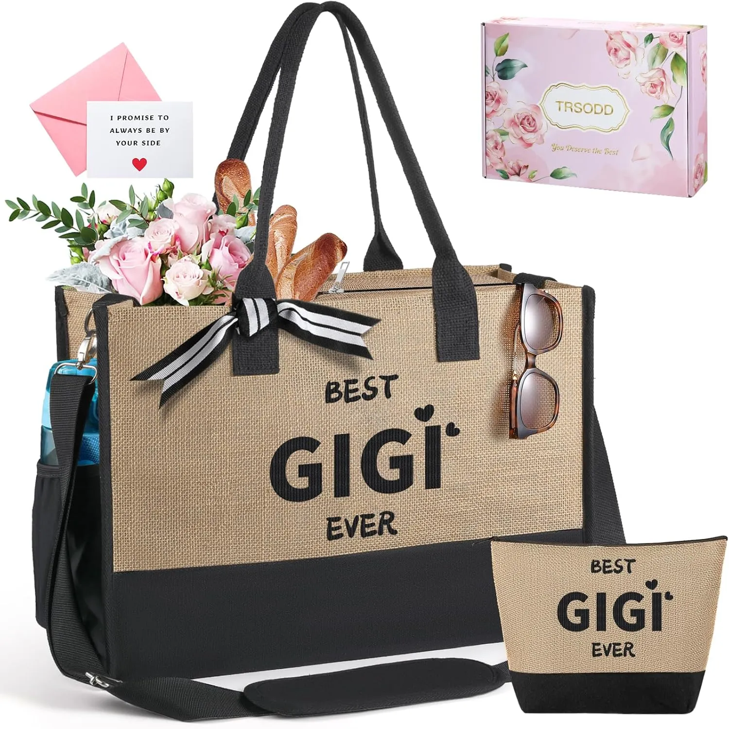 TRSODD Gigi Gifts for Grandma Gigi Mothers Day Gifts Birthday for Women Jute Embroidered Tote Bag and Makeup Bag