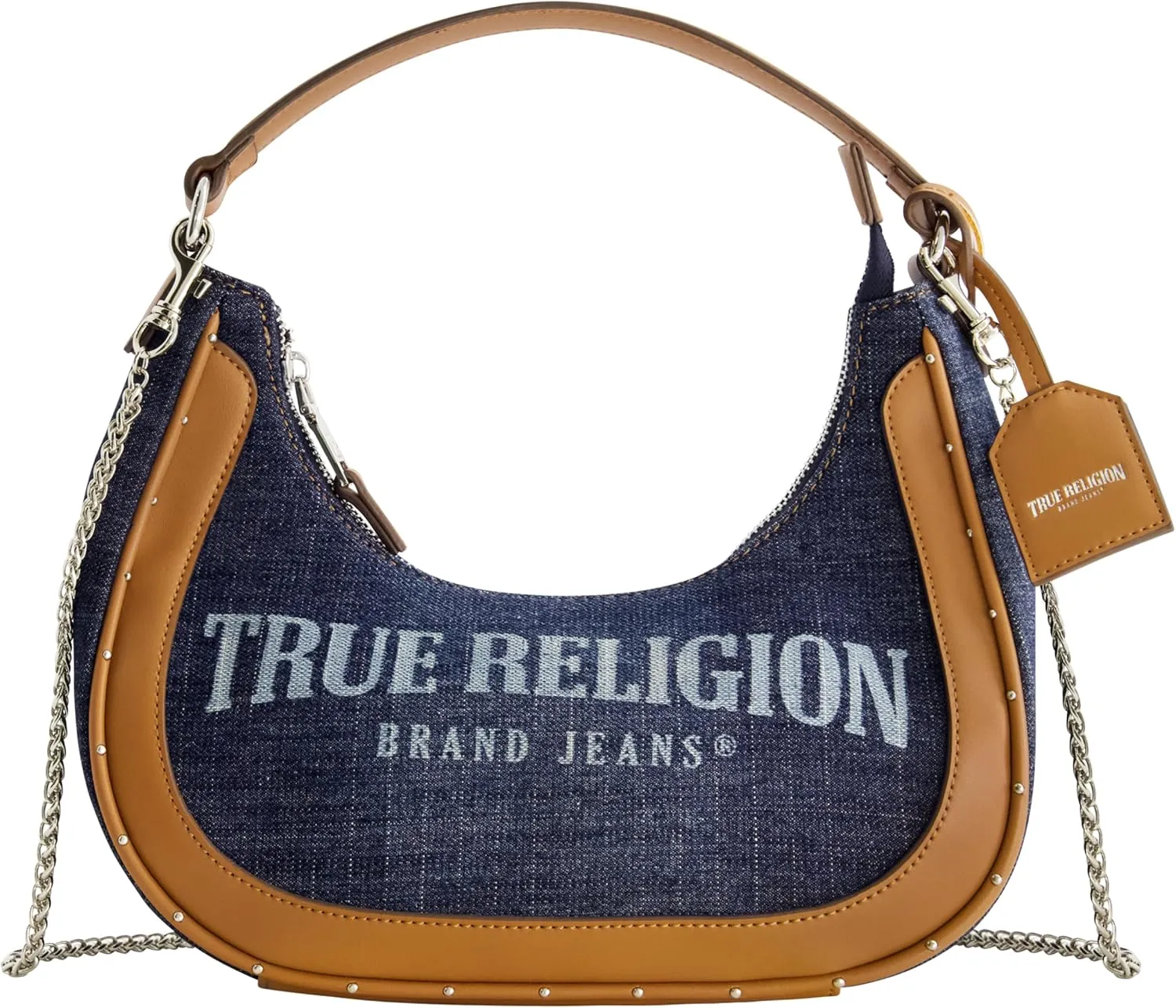 True Religion Shoulder Bag, Women's Casual Everyday Handbag with Chain Strap, Dark Denim