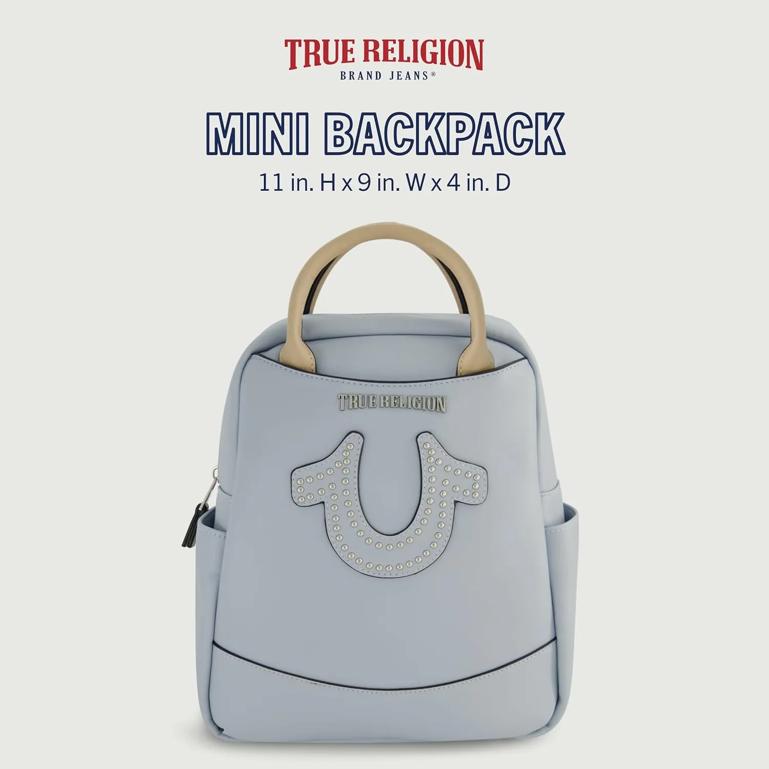 True Religion Women's Mini Backpack, Studded Horseshoe Logo Small Travel Bag Purse, Adjustable Shoulder Straps, Blue, 11 Inch