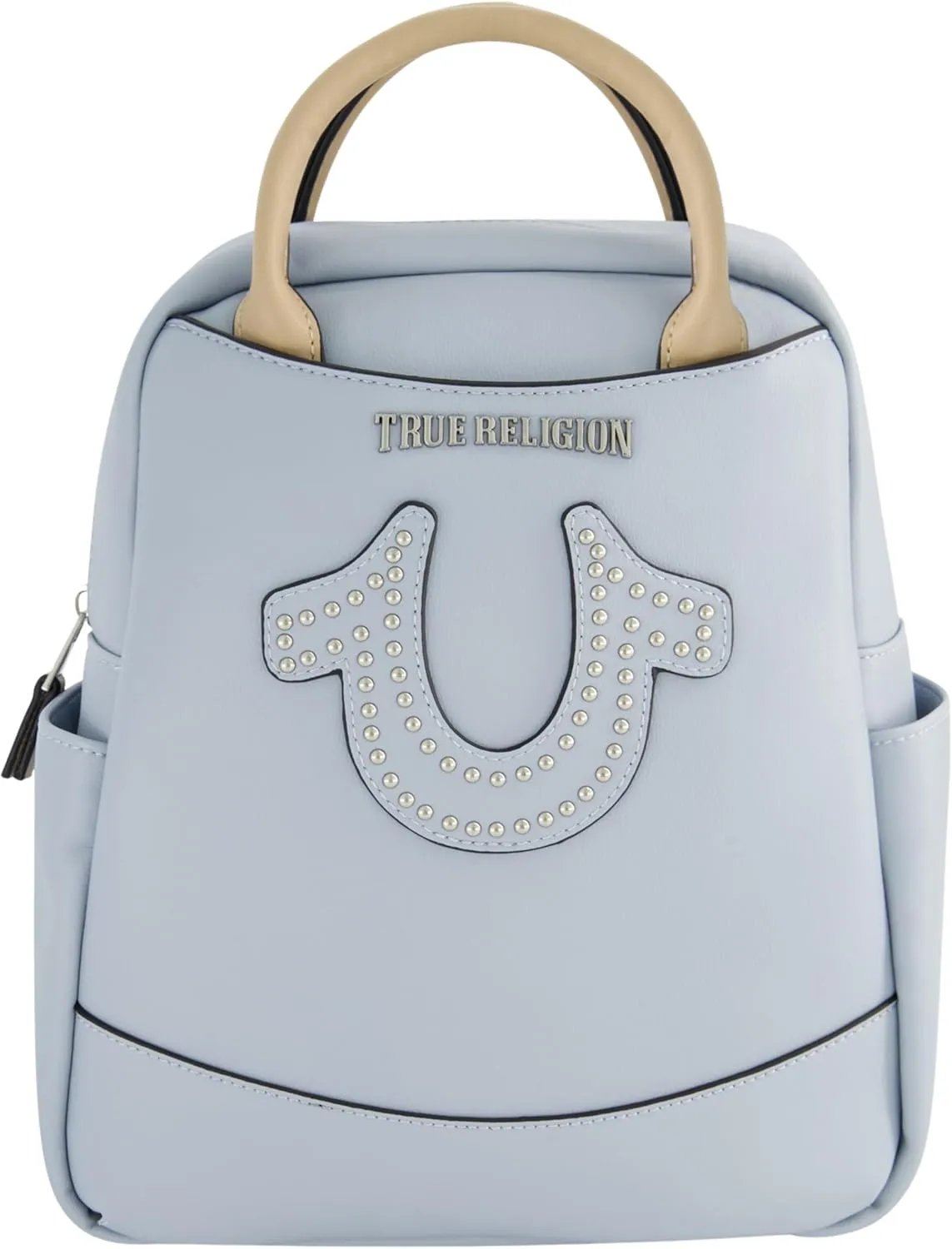 True Religion Women's Mini Backpack, Studded Horseshoe Logo Small Travel Bag Purse, Adjustable Shoulder Straps, Blue, 11 Inch