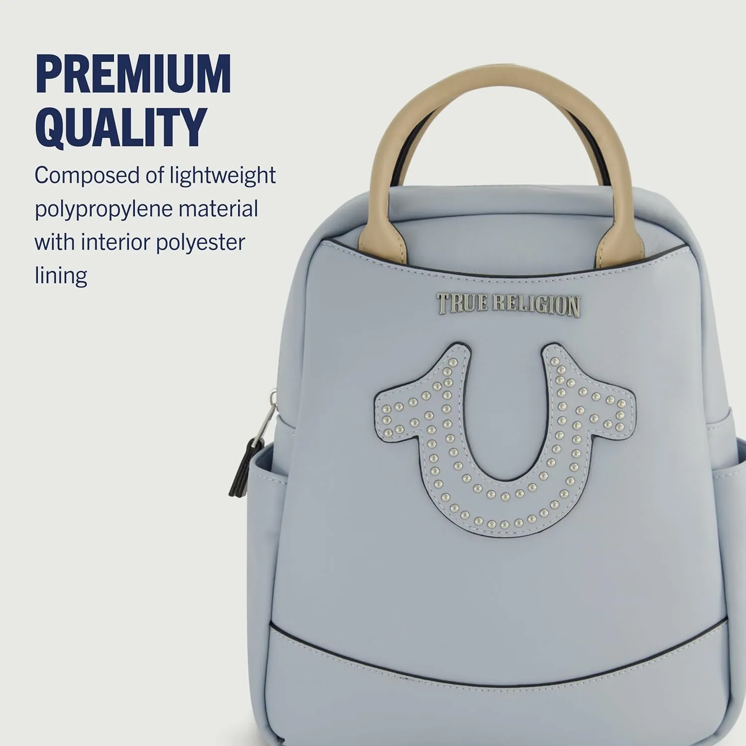 True Religion Women's Mini Backpack, Studded Horseshoe Logo Small Travel Bag Purse, Adjustable Shoulder Straps, Blue, 11 Inch
