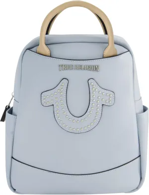 True Religion Women's Mini Backpack, Studded Horseshoe Logo Small Travel Bag Purse, Adjustable Shoulder Straps, Blue, 11 Inch