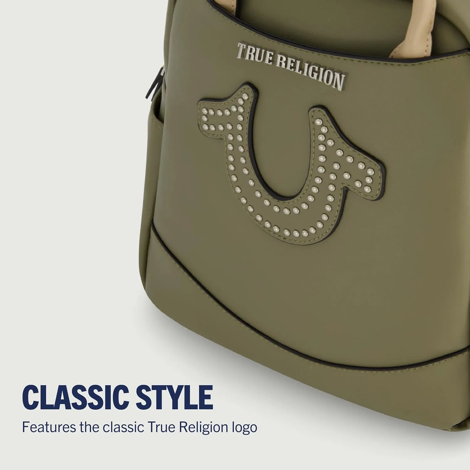 True Religion Women's Mini Backpack, Studded Horseshoe Logo Small Travel Bag Purse, Adjustable Shoulder Straps, Olive, 11 Inch