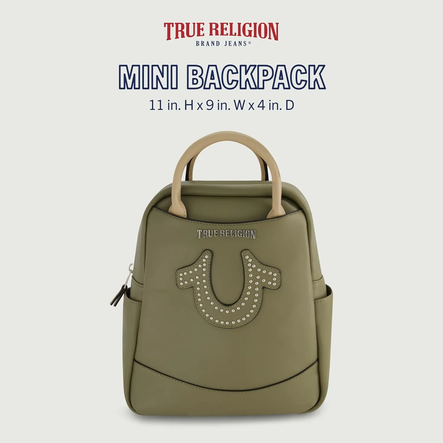 True Religion Women's Mini Backpack, Studded Horseshoe Logo Small Travel Bag Purse, Adjustable Shoulder Straps, Olive, 11 Inch