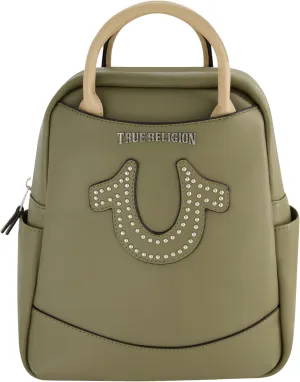 True Religion Women's Mini Backpack, Studded Horseshoe Logo Small Travel Bag Purse, Adjustable Shoulder Straps, Olive, 11 Inch