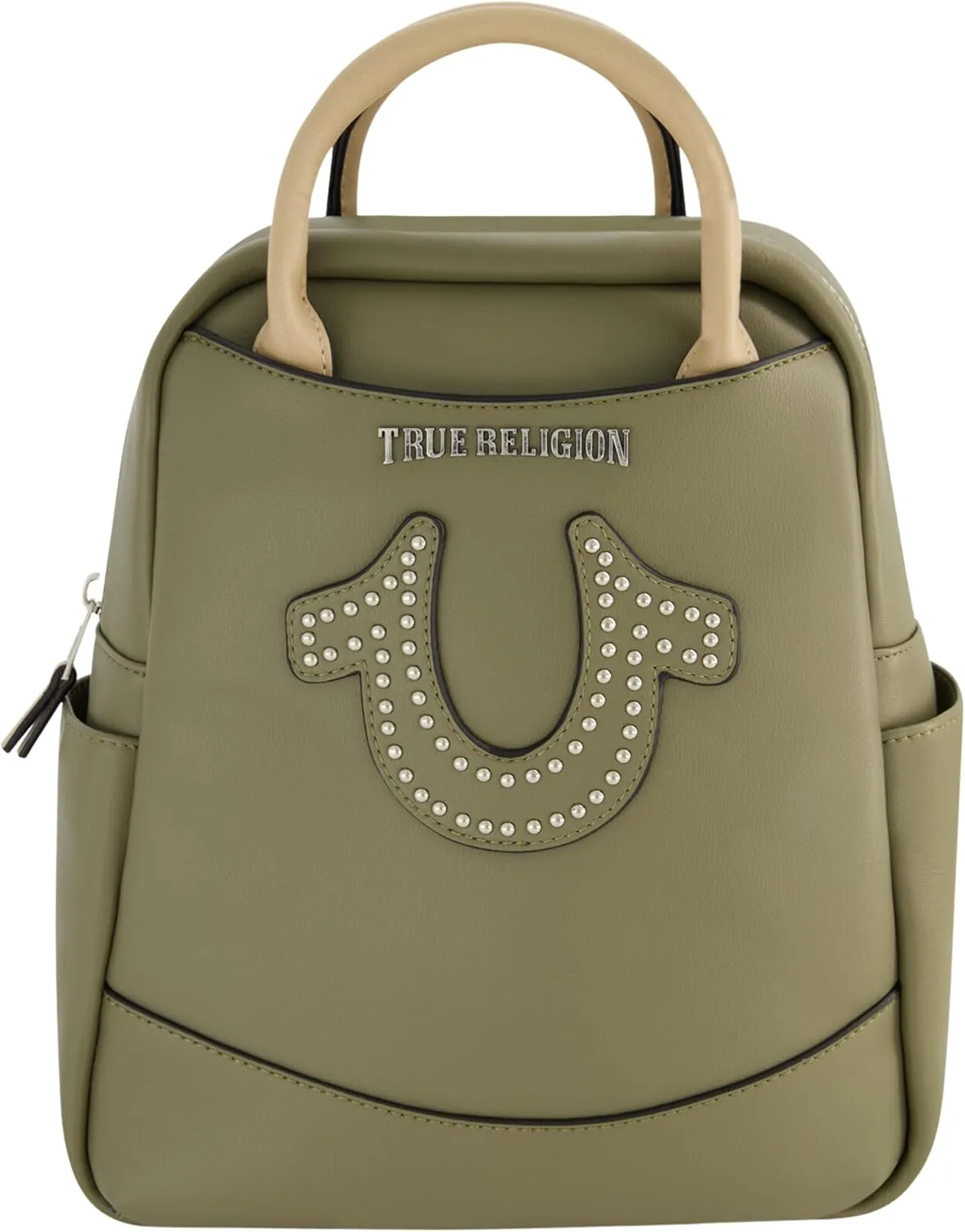 True Religion Women's Mini Backpack, Studded Horseshoe Logo Small Travel Bag Purse, Adjustable Shoulder Straps, Olive, 11 Inch
