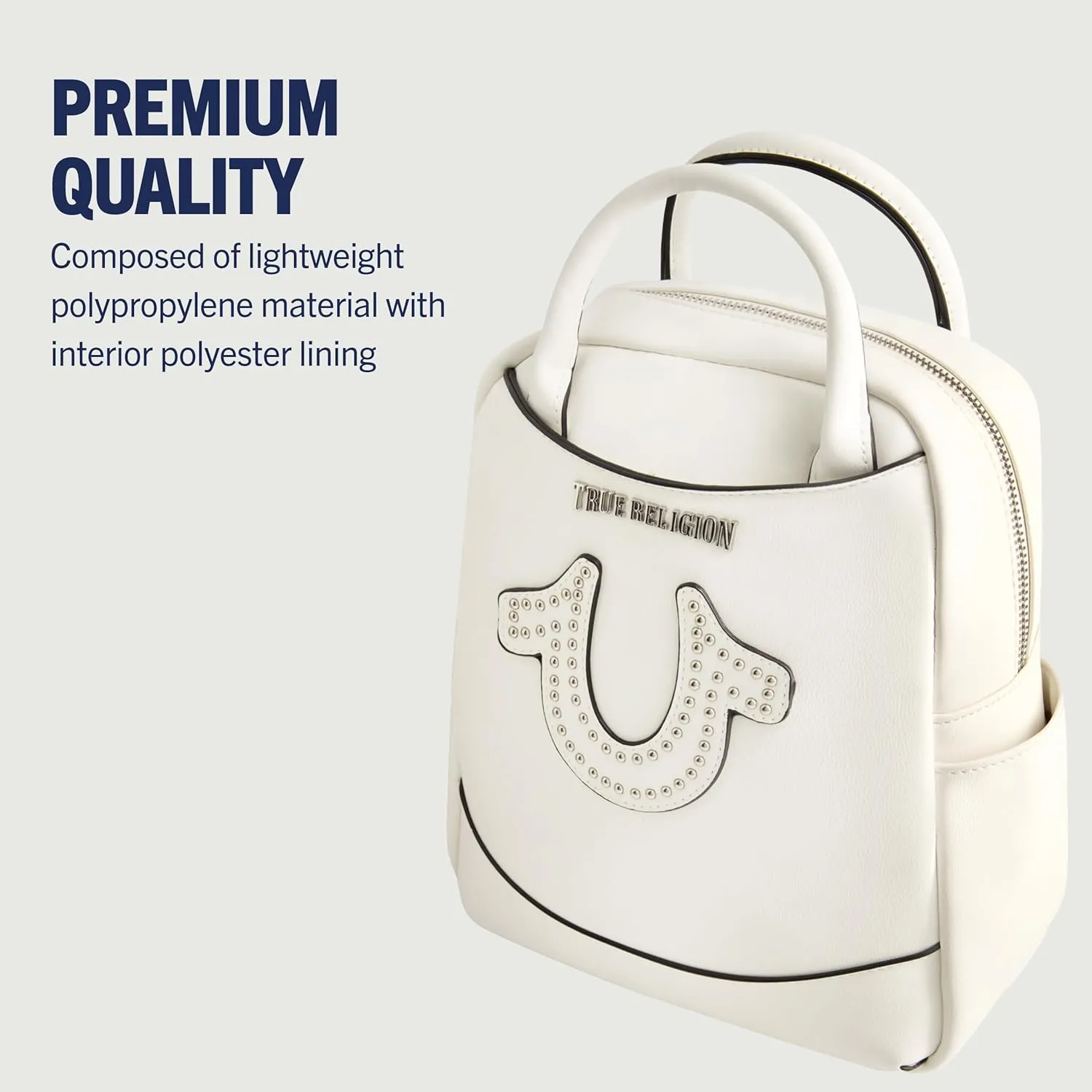 True Religion Women's Mini Backpack, Studded Horseshoe Logo Small Travel Bag Purse, Adjustable Shoulder Straps, White, 11 Inch