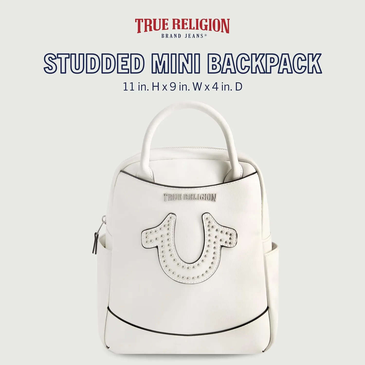 True Religion Women's Mini Backpack, Studded Horseshoe Logo Small Travel Bag Purse, Adjustable Shoulder Straps, White, 11 Inch