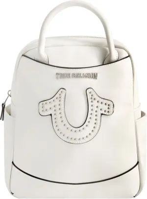 True Religion Women's Mini Backpack, Studded Horseshoe Logo Small Travel Bag Purse, Adjustable Shoulder Straps, White, 11 Inch