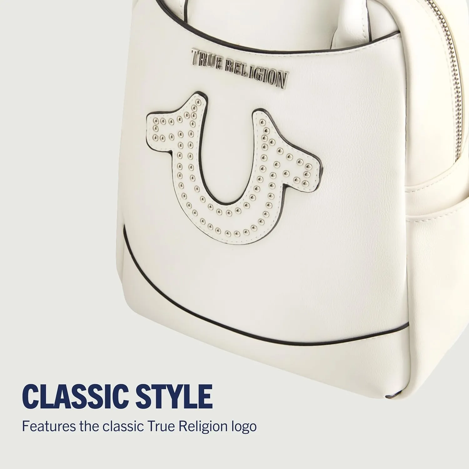 True Religion Women's Mini Backpack, Studded Horseshoe Logo Small Travel Bag Purse, Adjustable Shoulder Straps, White, 11 Inch