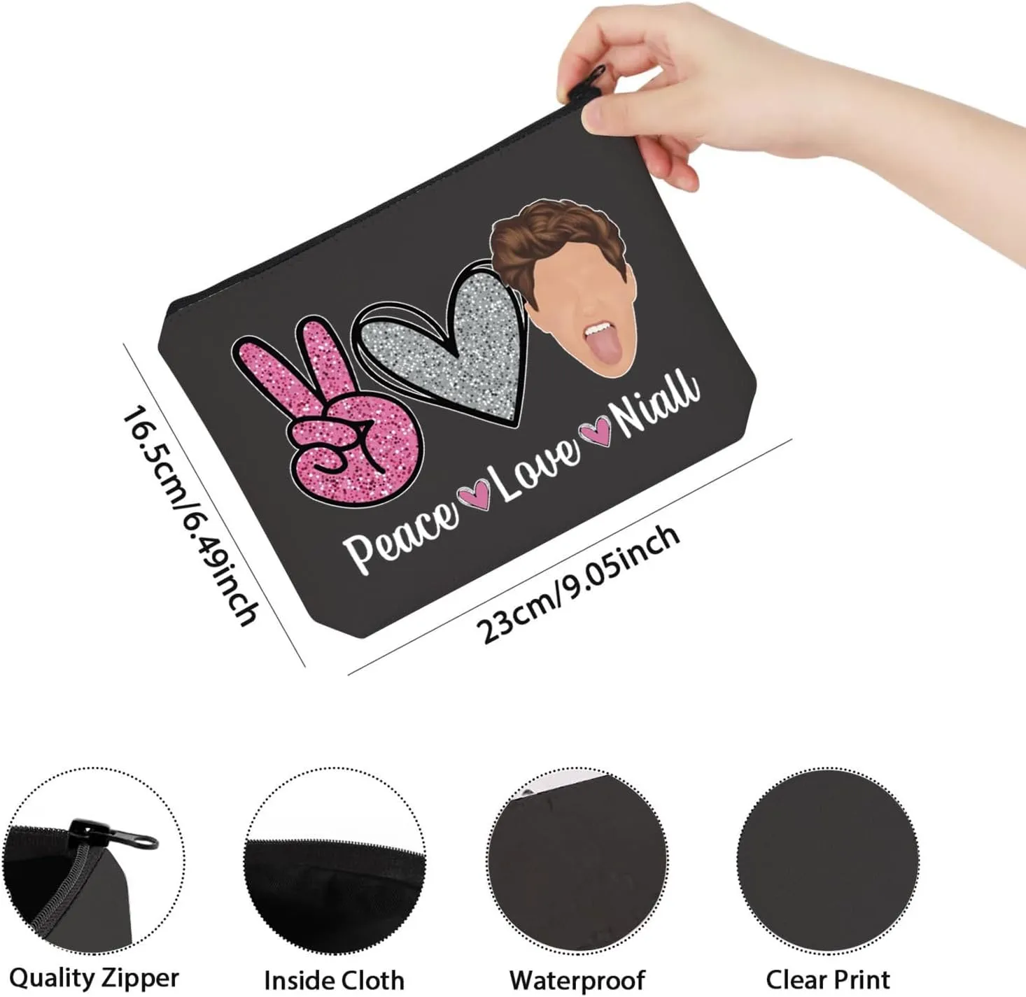 TSOTMO Boy Group Member Gift Peace Love Naill Gift For Women Zipper Pouch Makeup Bag (BLK-Love Niall)