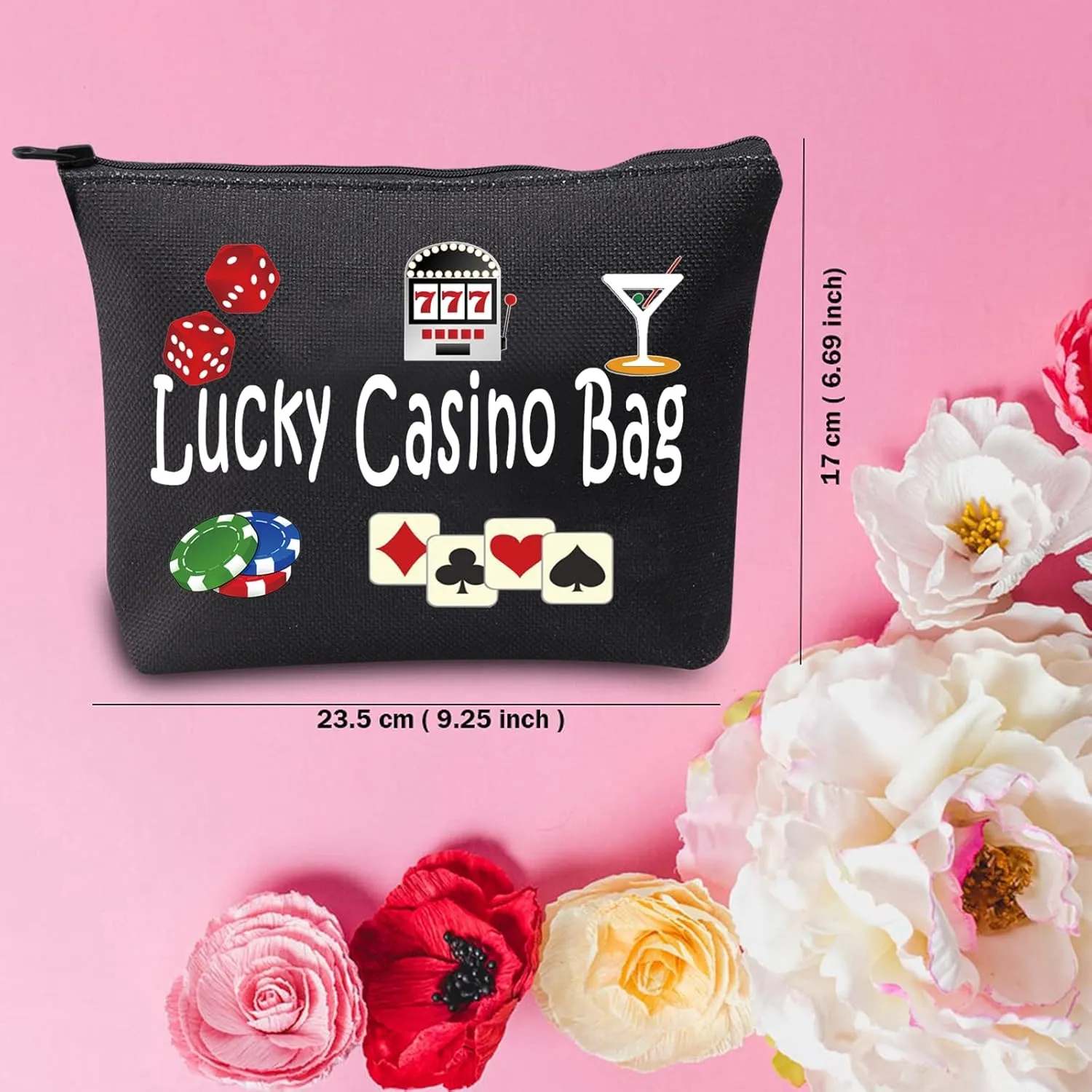 TSOTMO Casino Gamble Zipper Pouch Gift Lucky Casino Bag Gift For Gambler Casino Lover Gift Gambling Gift Slots Gift Dice Poker Chips Cosmetic Bag (Casino BLK)