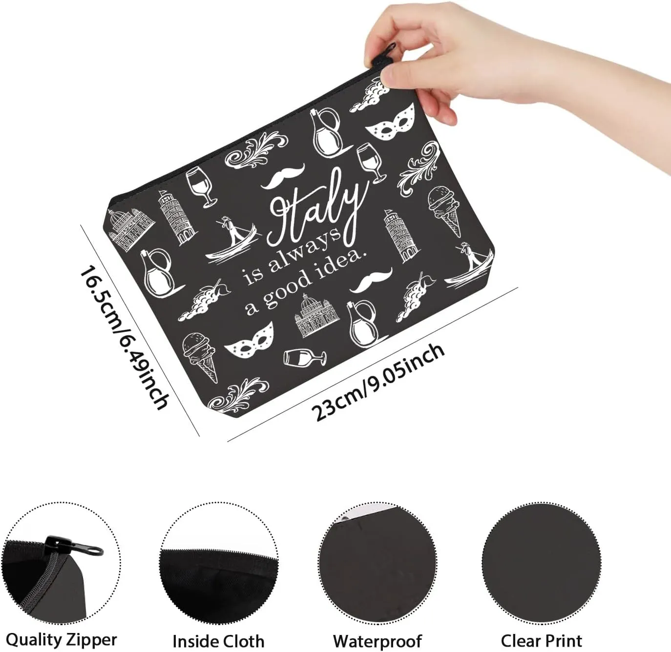TSOTMO Italy Travel Gift Cosmetic Bag - Black - Rectangular - Zipper - Unisex-Adult - 8.27 x 6.69 x 6.69 inches - 0.05 kg - Adult - 1 Count