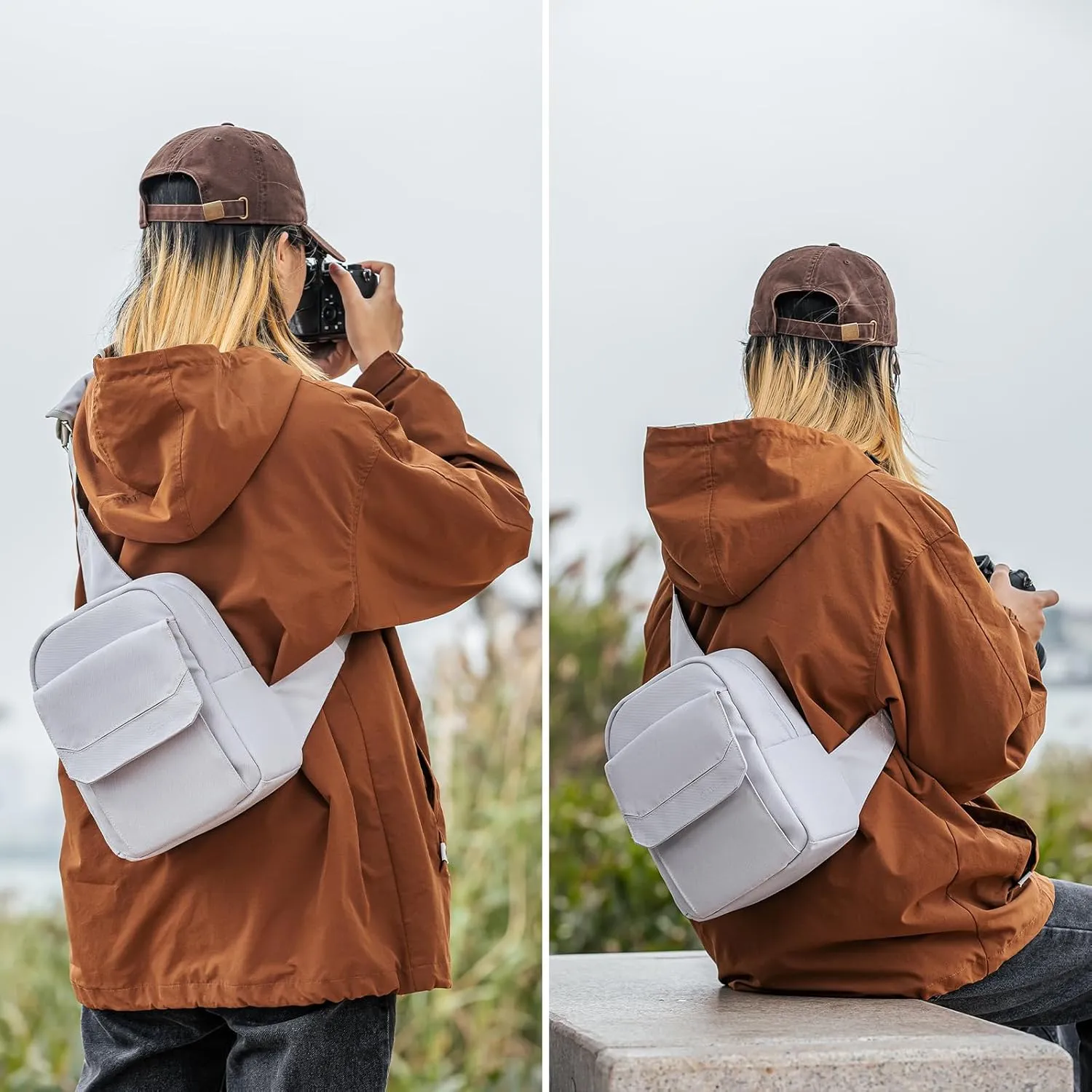 TULLIO Small Camera Bag Crossbody Canvas Sling Bag Purse Waterproof Dslr Bag Compatible with Nikon Sony for Men and Women Off white