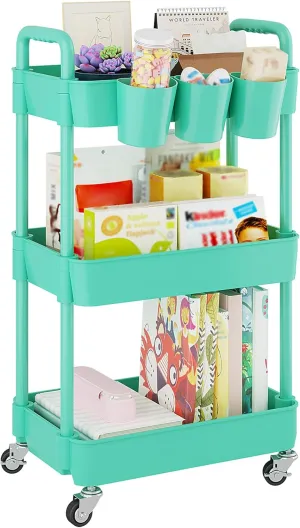 UDEAR 3-Tier Rolling Utility Cart,Multifunctional Storage Shelves with Handle and Lockable Wheels for Room,Office,Kitchen,Bathroom,with 3 Hanging Cups,Green