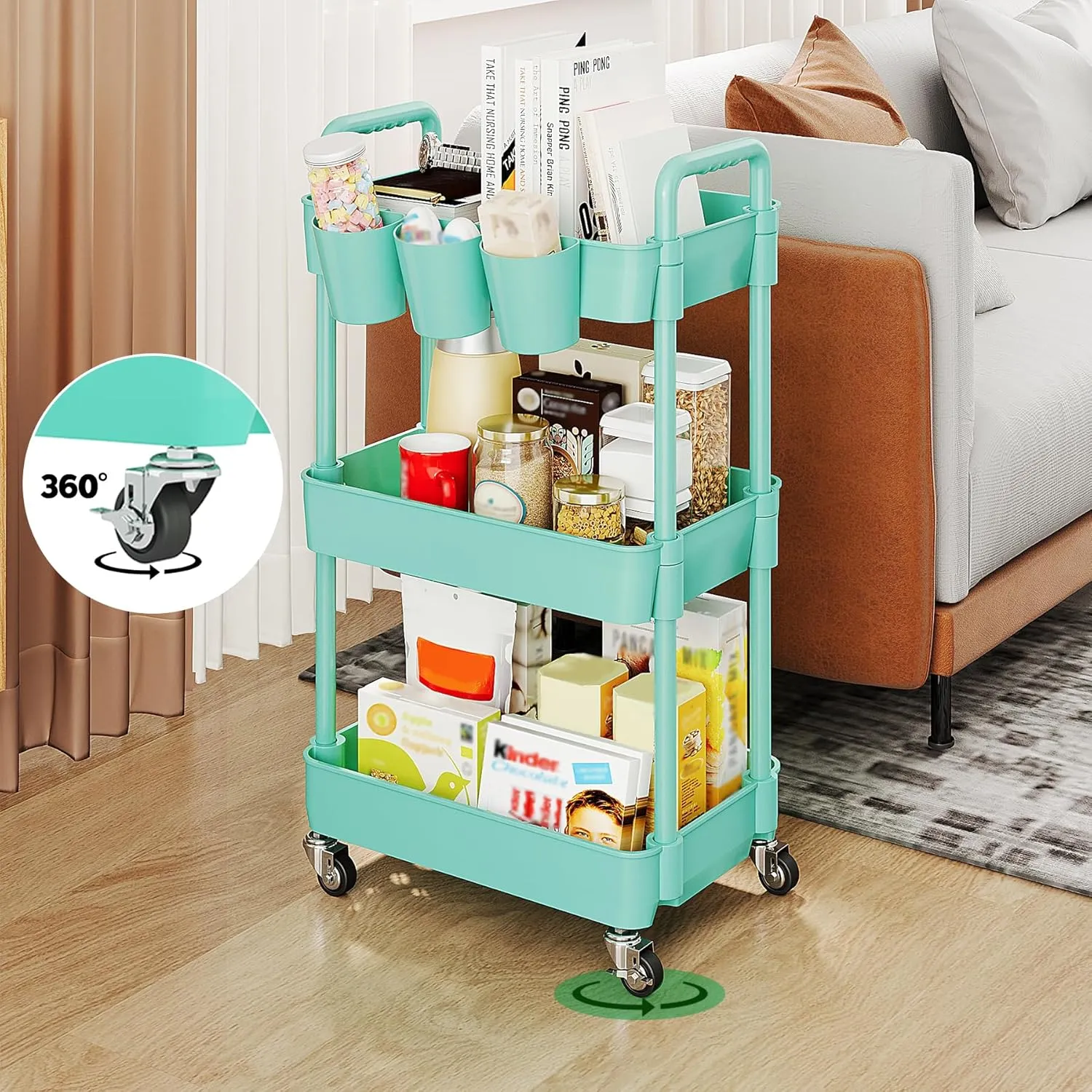 UDEAR 3-Tier Rolling Utility Cart,Multifunctional Storage Shelves with Handle and Lockable Wheels for Room,Office,Kitchen,Bathroom,with 3 Hanging Cups,Green