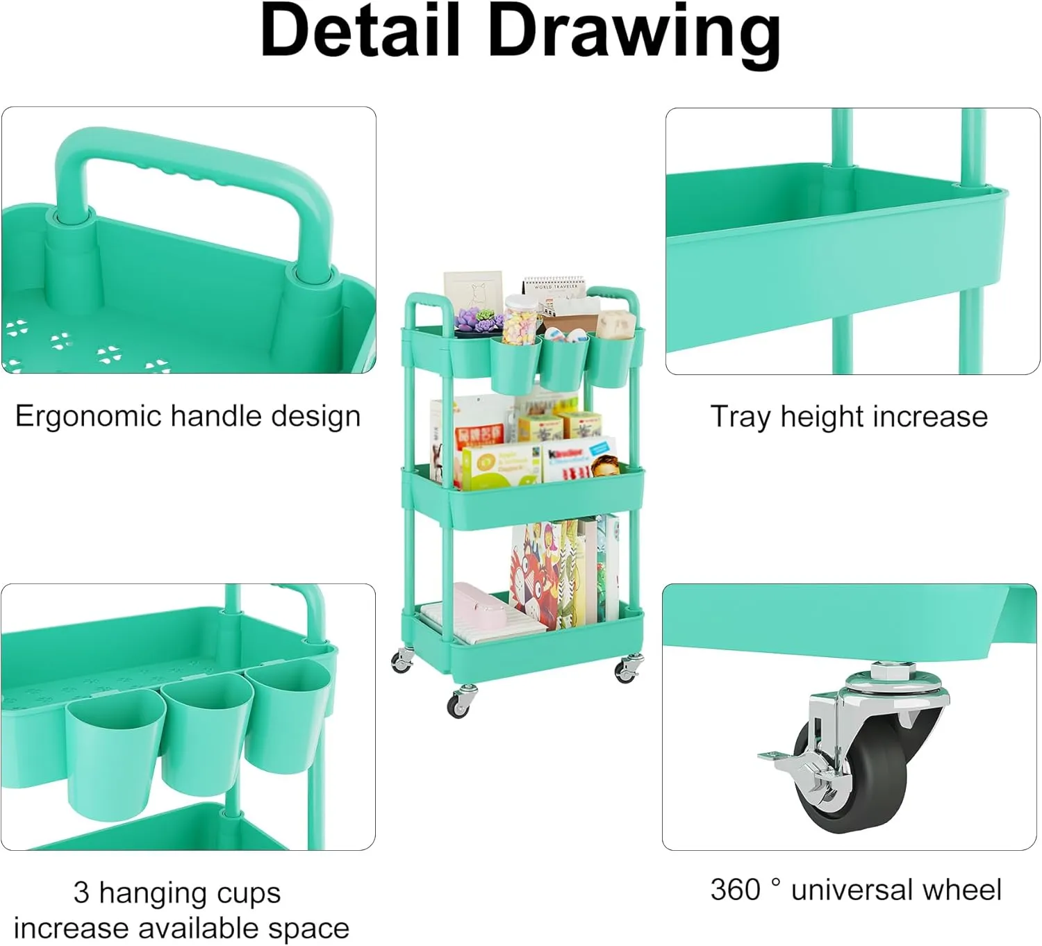 UDEAR 3-Tier Rolling Utility Cart,Multifunctional Storage Shelves with Handle and Lockable Wheels for Room,Office,Kitchen,Bathroom,with 3 Hanging Cups,Green