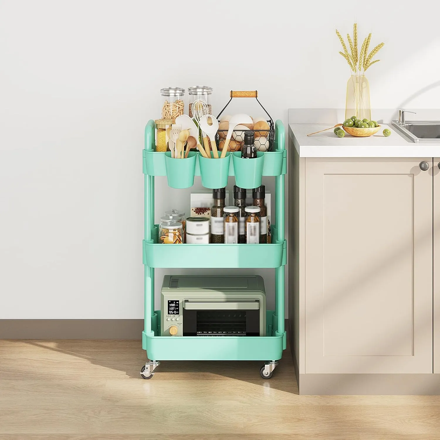 UDEAR 3-Tier Rolling Utility Cart,Multifunctional Storage Shelves with Handle and Lockable Wheels for Room,Office,Kitchen,Bathroom,with 3 Hanging Cups,Green