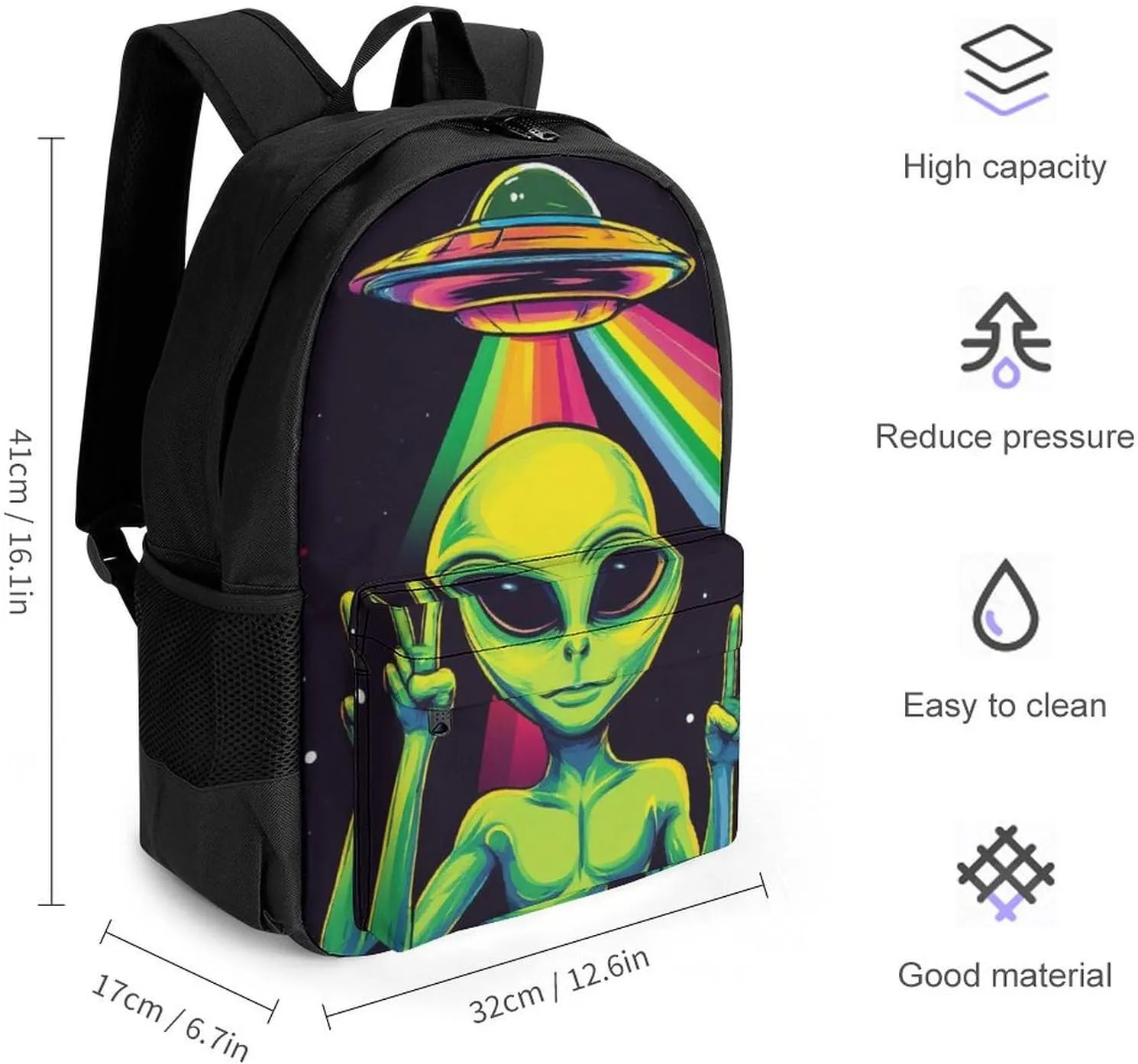 Ufo Rainbow Alien Art Daypack Backpack Polyester Multipurpose Anti-Theft Shoulder Bag Big Capacity Gym Outdoor Hiking Backpack With Smooth Zippers