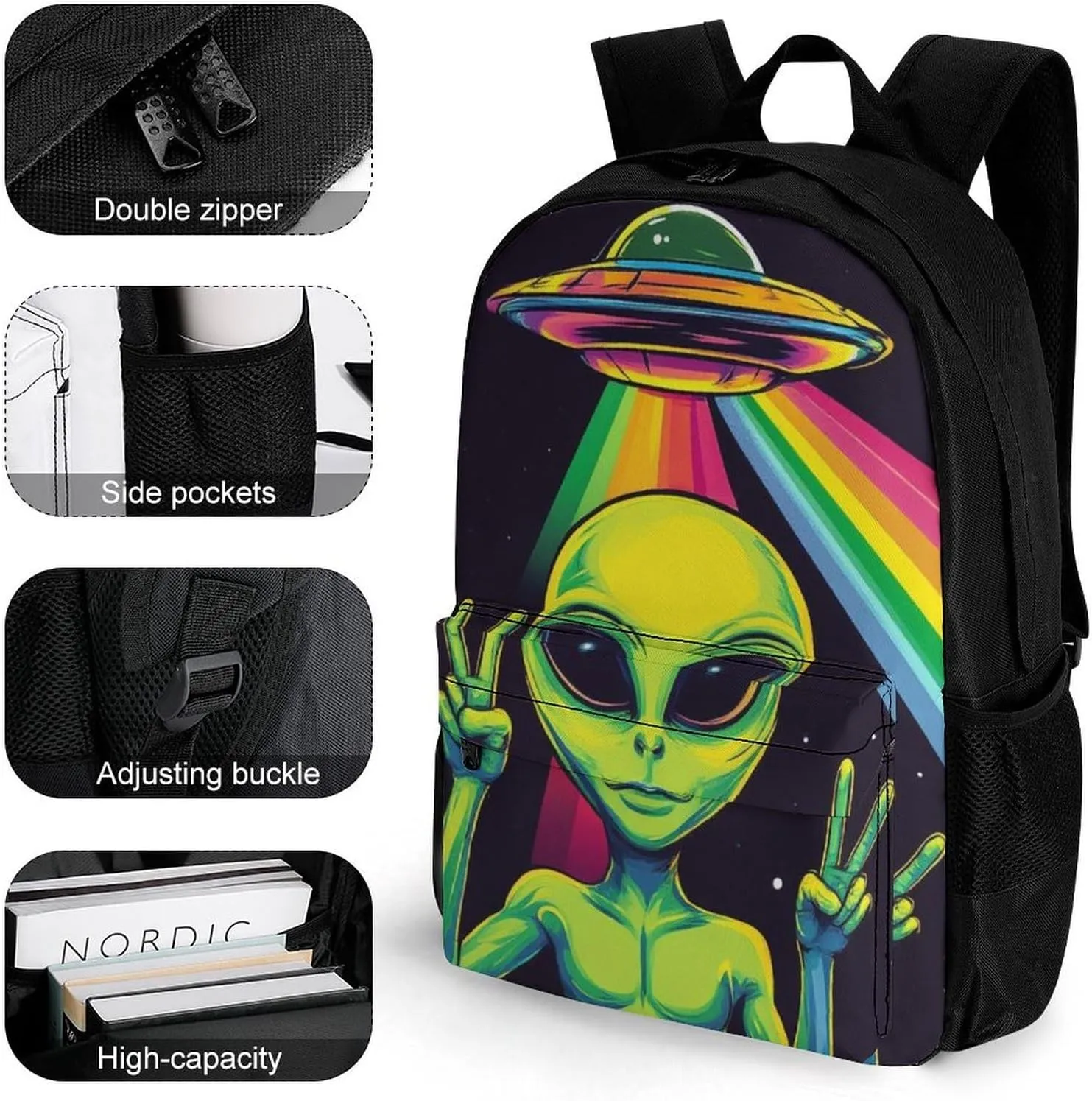 Ufo Rainbow Alien Art Daypack Backpack Polyester Multipurpose Anti-Theft Shoulder Bag Big Capacity Gym Outdoor Hiking Backpack With Smooth Zippers