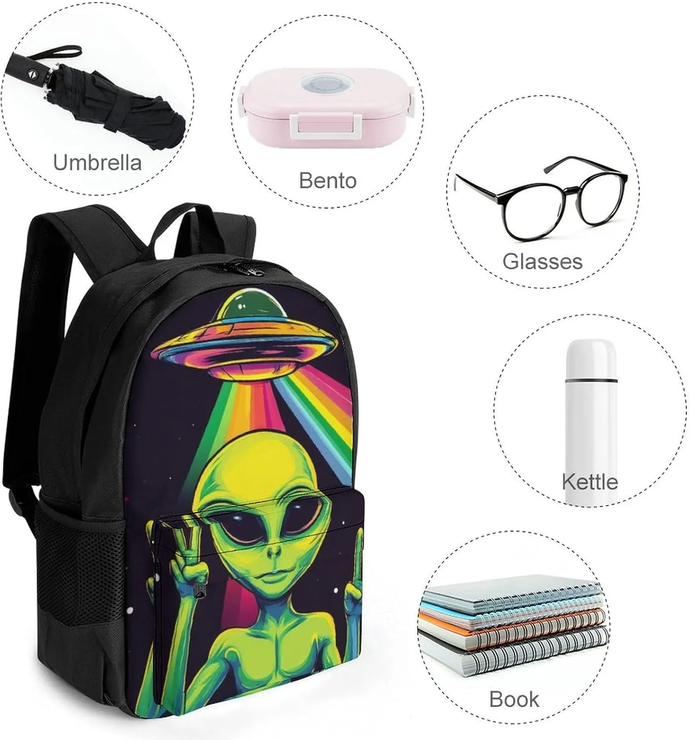 Ufo Rainbow Alien Art Daypack Backpack Polyester Multipurpose Anti-Theft Shoulder Bag Big Capacity Gym Outdoor Hiking Backpack With Smooth Zippers