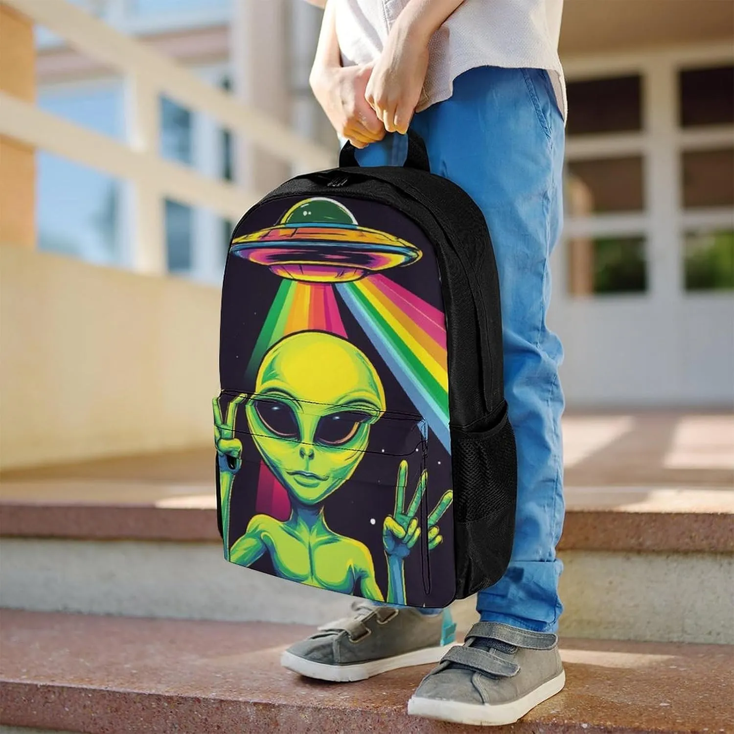 Ufo Rainbow Alien Art Daypack Backpack Polyester Multipurpose Anti-Theft Shoulder Bag Big Capacity Gym Outdoor Hiking Backpack With Smooth Zippers