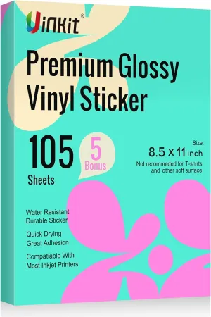 Uinkit 105 Sheets Premium Printable Vinyl Sticker Paper for Inkjet Printer Cricut,included 100Sheets Glossy and 5Sheets Transparent Label Waterproof Adhesive Dries Quickly Tear-Resistant, Removable