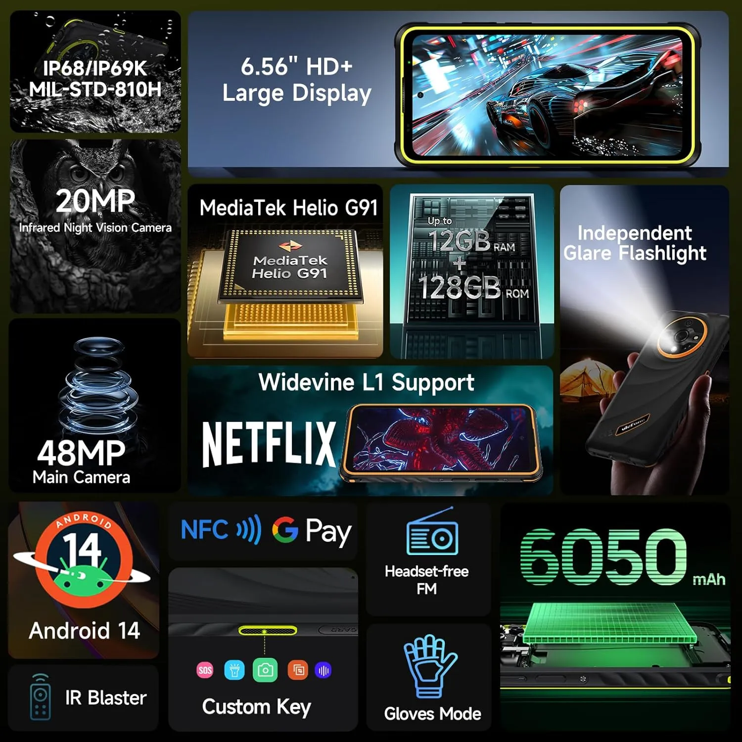 Ulefone Armor X31 Rugged Phone Unlocked, 12GB 128GB MTK Helio G91 Android 14, 48MP 20MP 2MP Camera, 6050mAh, 6.56" 90Hz Corning Gorilla Screen, IP68/69K Waterproof, Widevine L1, Dual 4G, Orange