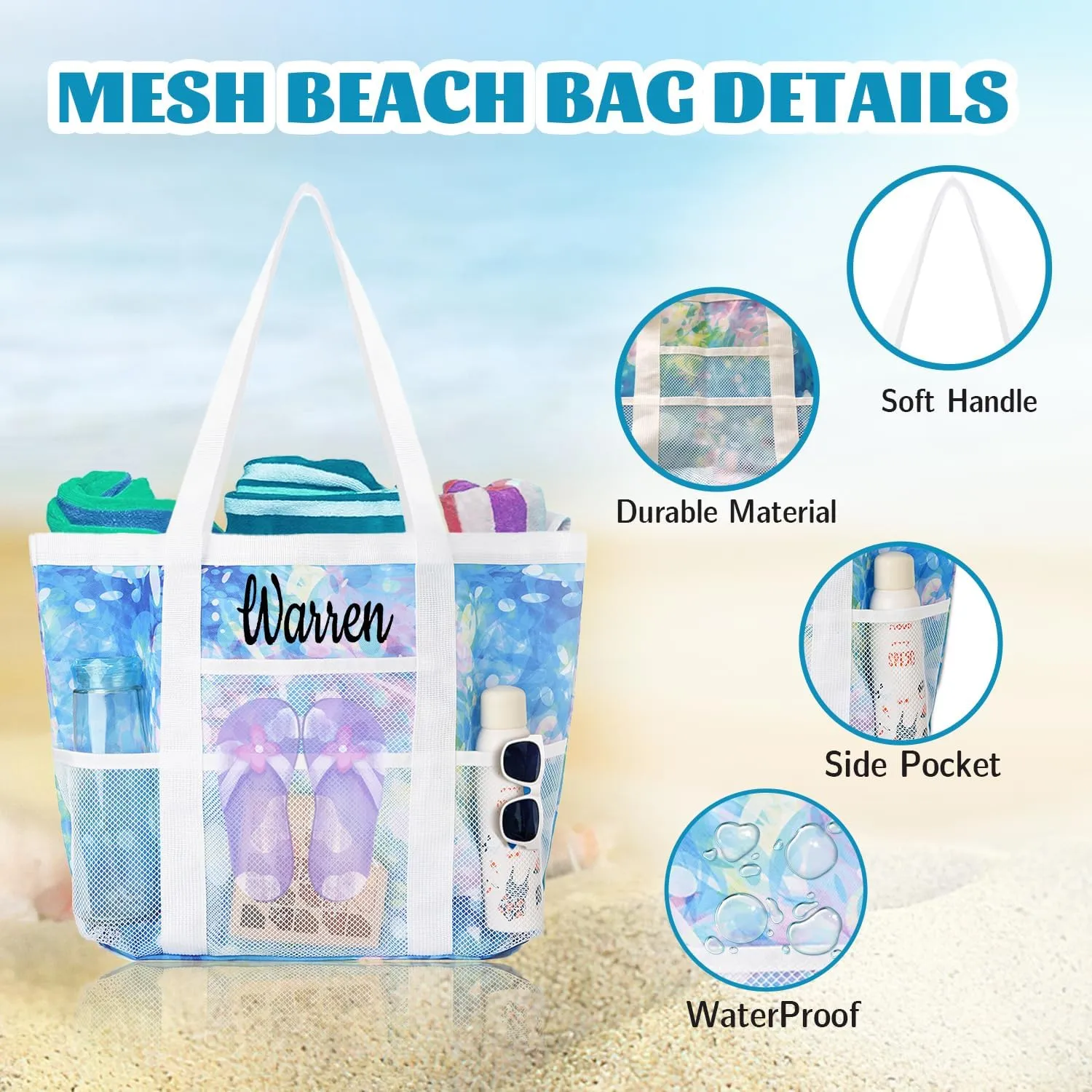 Ulico Personalized Beach Bag Embroidered Name,Custom Mesh Tote Bag for Women, Foldable Shoulder Bag for Swimming Pools Travel