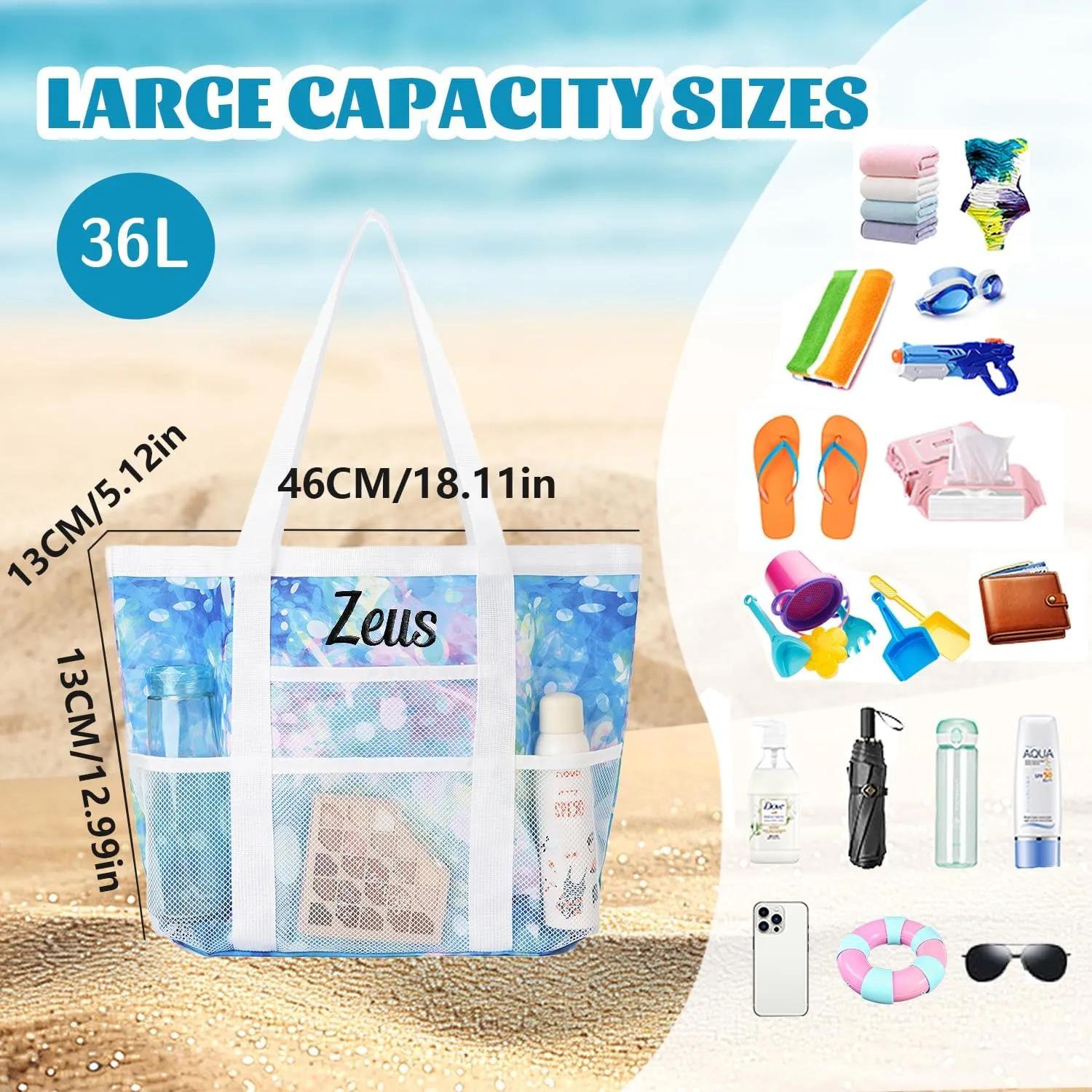 Ulico Personalized Beach Bag Embroidered Name,Custom Mesh Tote Bag for Women, Foldable Shoulder Bag for Swimming Pools Travel