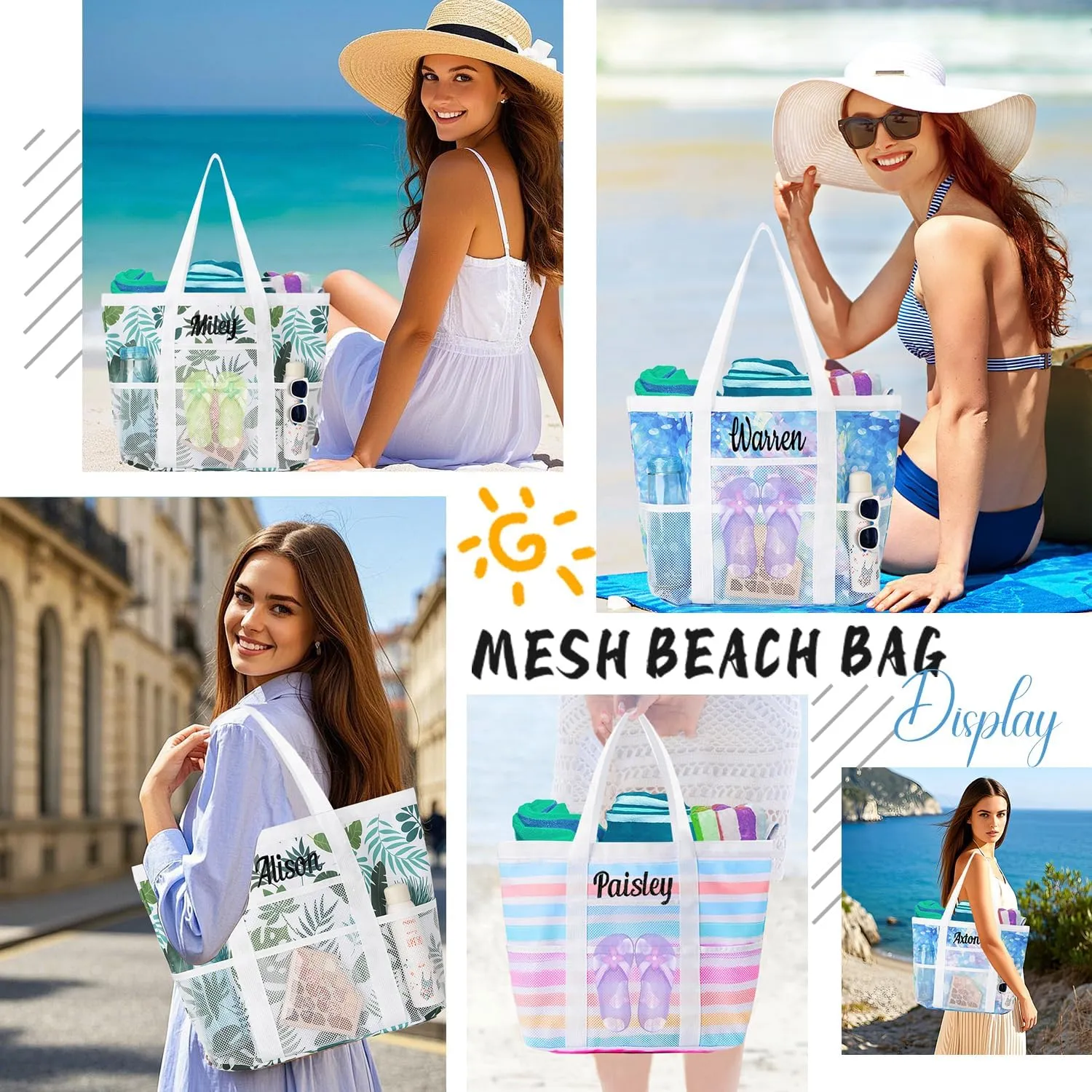 Ulico Personalized Beach Bag Embroidered Name,Custom Mesh Tote Bag for Women, Foldable Shoulder Bag for Swimming Pools Travel