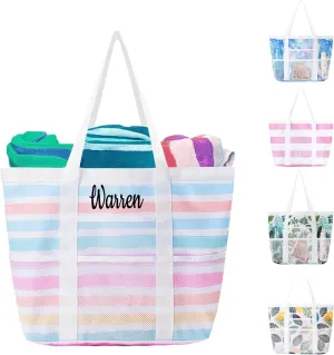 Ulico Personalized Beach Bag Embroidered Name,Custom Mesh Tote Bag for Women, Foldable Shoulder Bag for Swimming Pools Travel