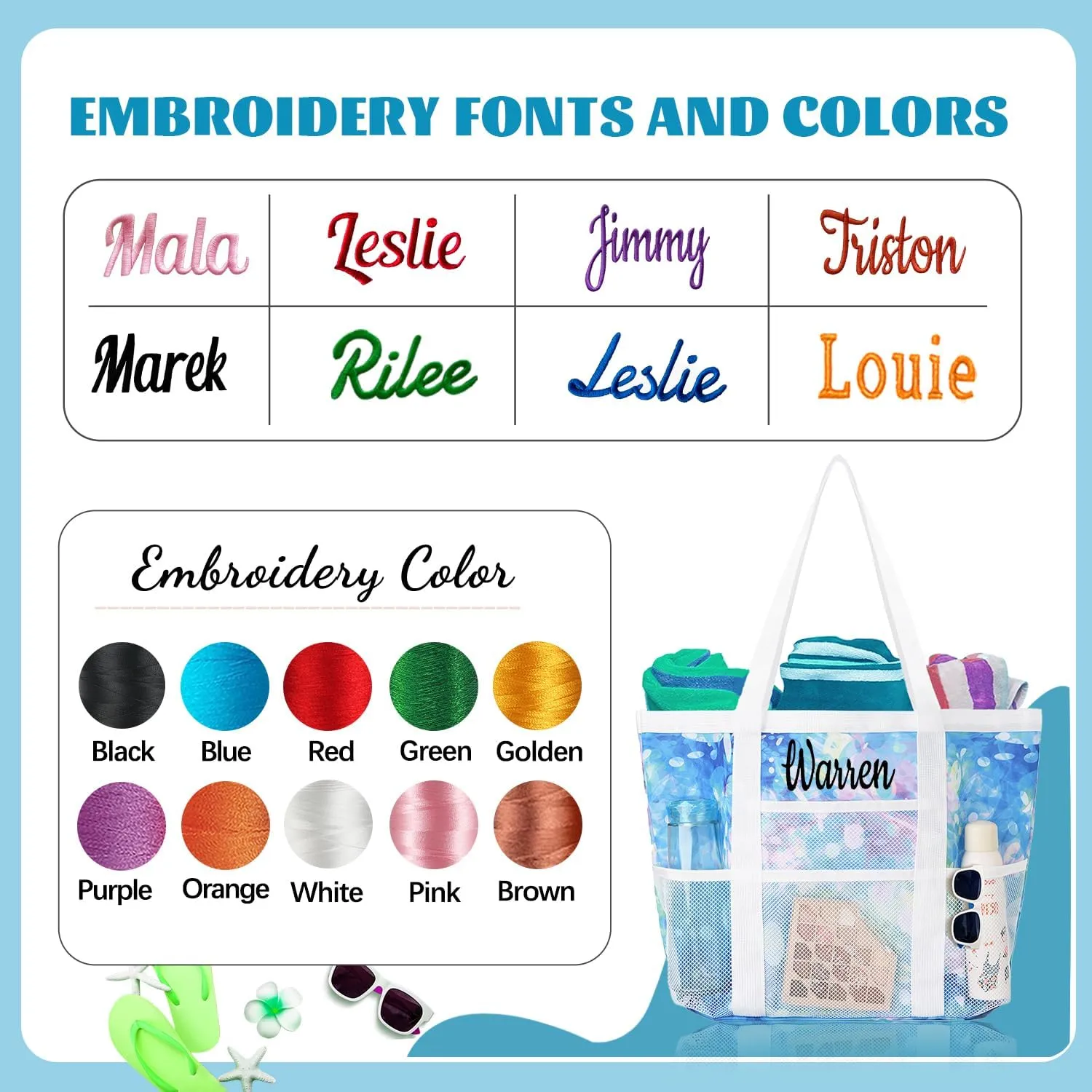 Ulico Personalized Beach Bag Embroidered Name,Custom Mesh Tote Bag for Women, Foldable Shoulder Bag for Swimming Pools Travel