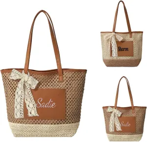 Ulico Personalized Straw Beach Bags for Women, Custom Large Tote Bag with Embroidered Name， Lightweight Foldable Shoulder Bag with Lace Bow