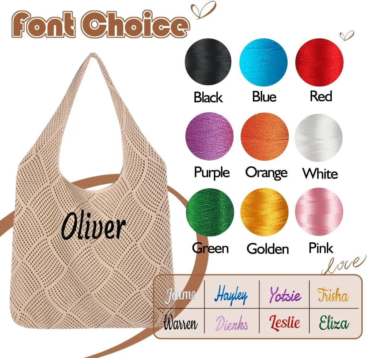 Ulico Personalized Straw Beach Bags for Women, Large Tote Bag with Embroidered Name， Lightweight Foldable Shoulder Bag