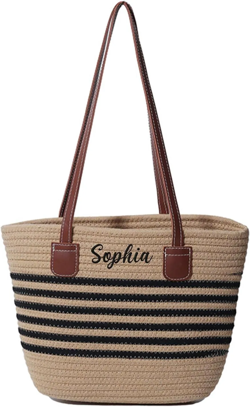Ulico Personalized Straw Beach Bags for Women, Large Tote Bag with Embroidered Name， Lightweight Foldable Shoulder Bag