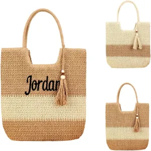 Ulico Personalized Straw Beach Bags for Women, Large Tote Bag with Embroidered Name， Lightweight Foldable Shoulder Bag