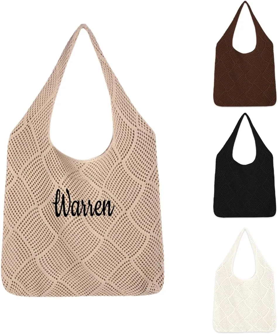 Ulico Personalized Straw Beach Bags for Women, Large Tote Bag with Embroidered Name， Lightweight Foldable Shoulder Bag