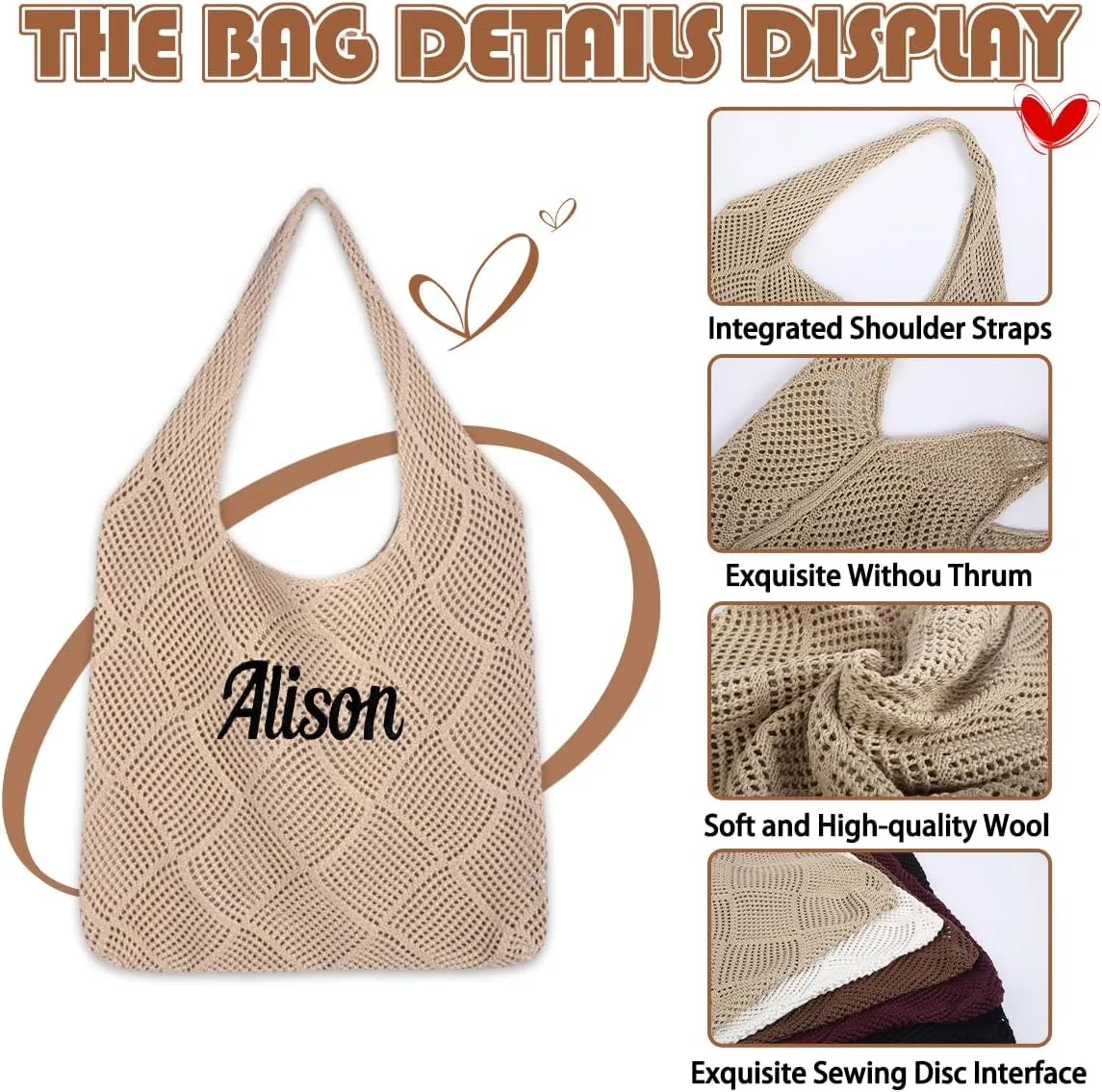 Ulico Personalized Straw Beach Bags for Women, Large Tote Bag with Embroidered Name， Lightweight Foldable Shoulder Bag