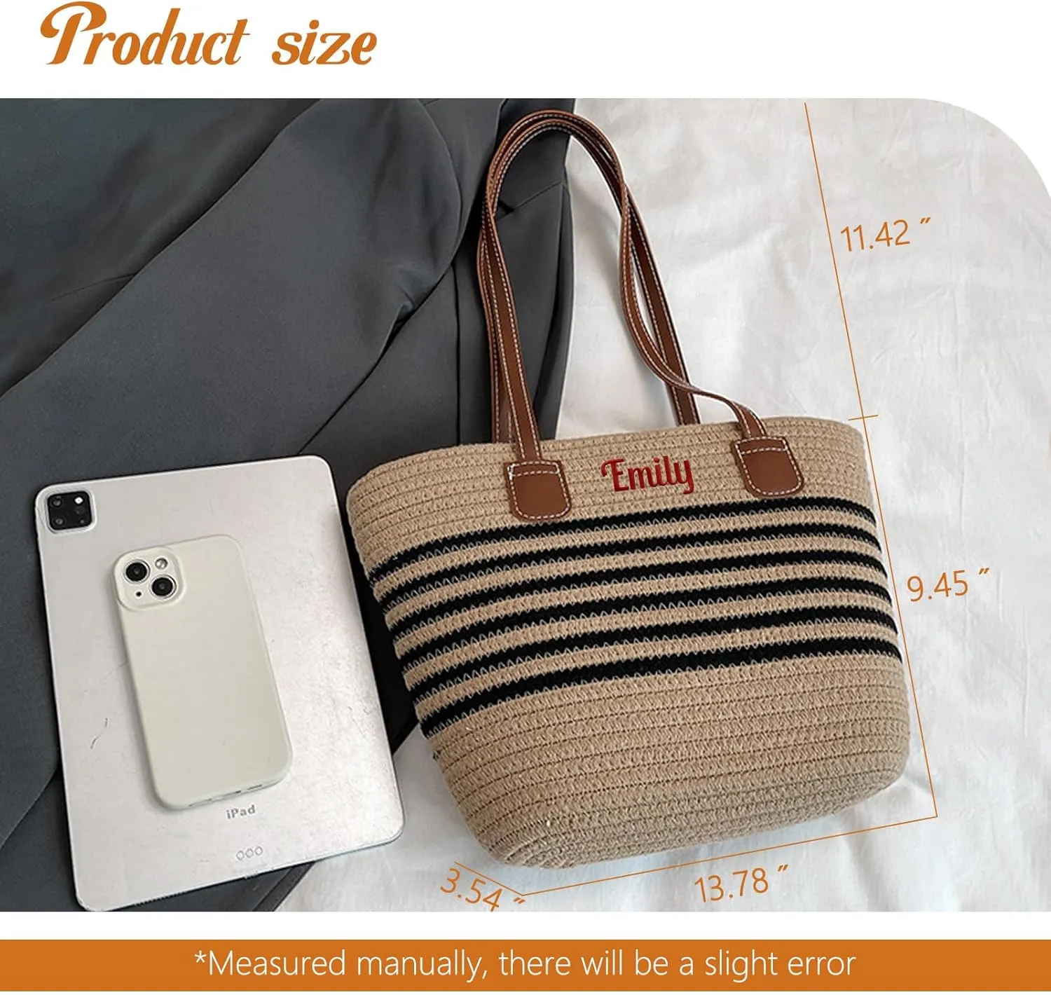 Ulico Personalized Straw Beach Bags for Women, Large Tote Bag with Embroidered Name， Lightweight Foldable Shoulder Bag