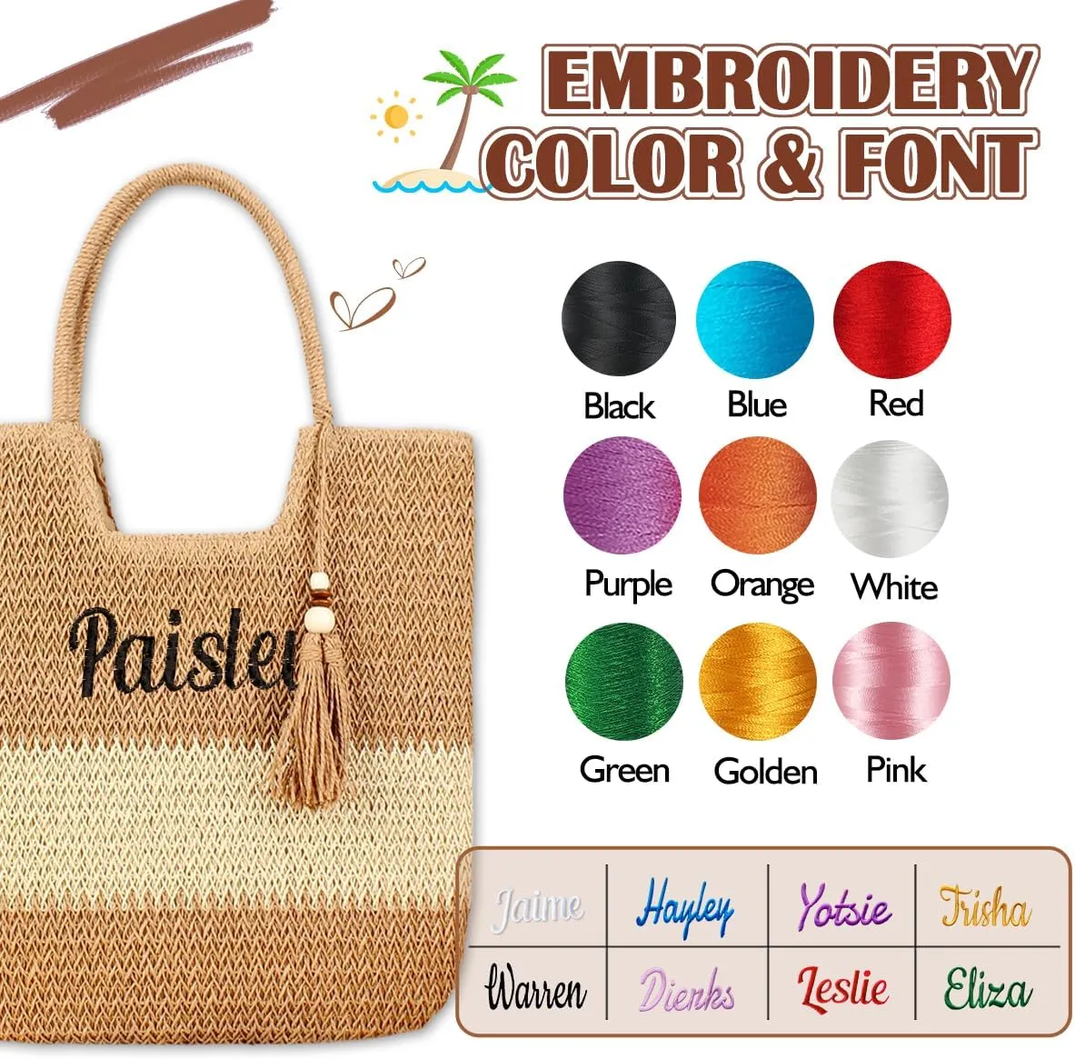 Ulico Personalized Straw Beach Bags for Women, Large Tote Bag with Embroidered Name， Lightweight Foldable Shoulder Bag
