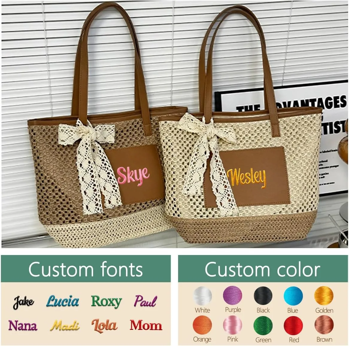Ulico Personalized Straw Beach Bags for Women, Large Tote Bag with Embroidered Name， Lightweight Foldable Shoulder Bag