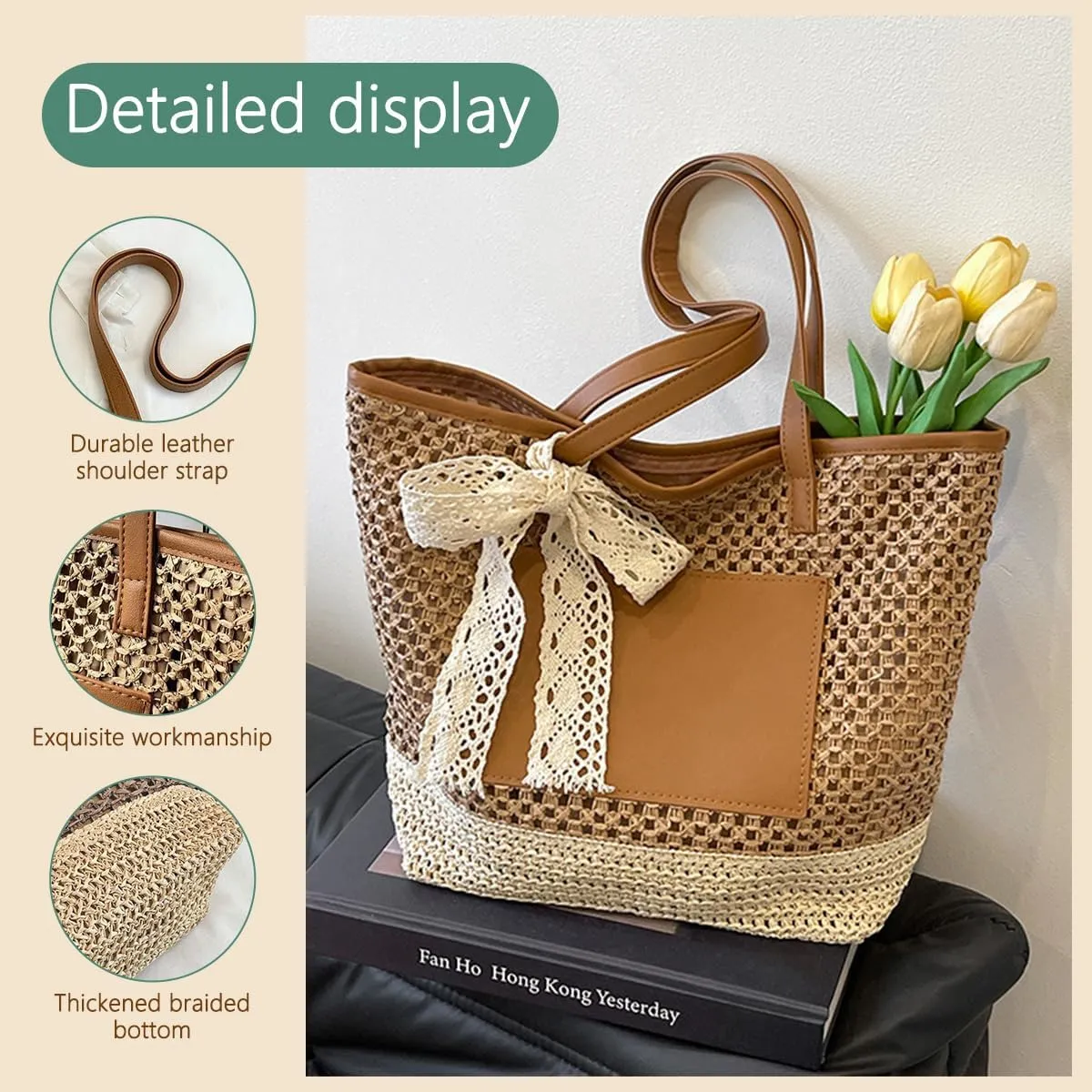 Ulico Personalized Straw Beach Bags for Women, Large Tote Bag with Embroidered Name， Lightweight Foldable Shoulder Bag