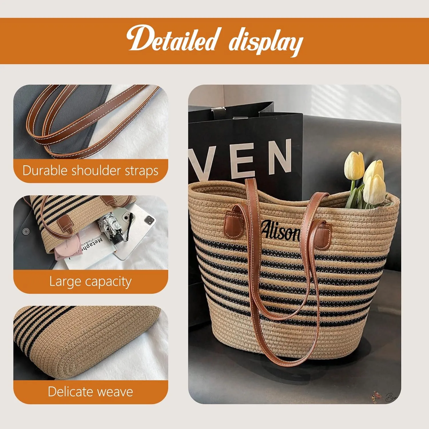 Ulico Personalized Straw Beach Bags for Women, Large Tote Bag with Embroidered Name， Lightweight Foldable Shoulder Bag