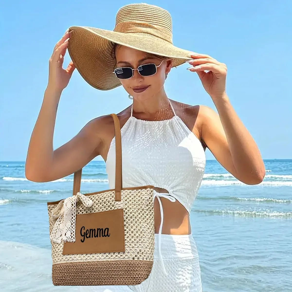 Ulico Personalized Straw Beach Bags for Women, Large Tote Bag with Embroidered Name， Lightweight Foldable Shoulder Bag