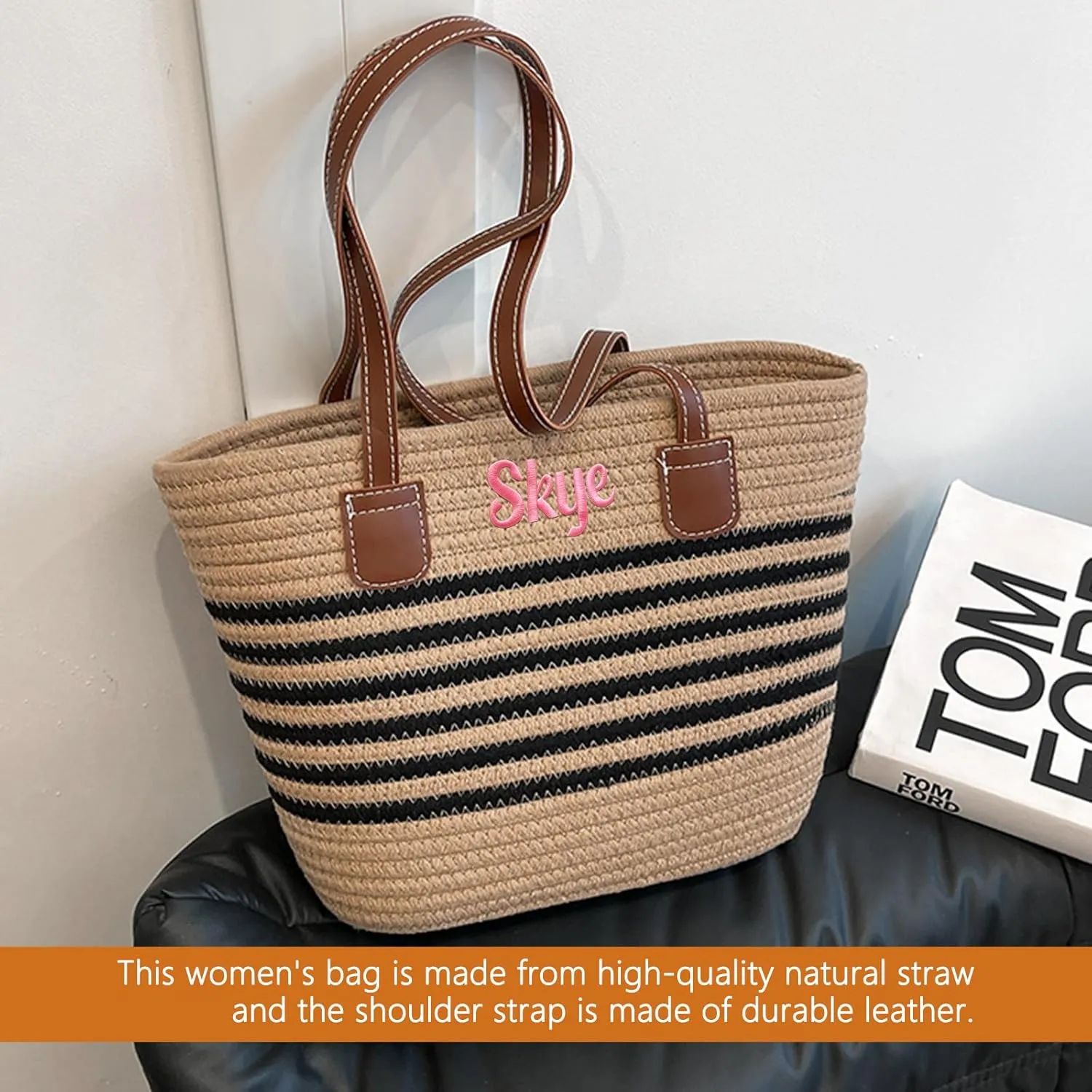 Ulico Personalized Straw Beach Bags for Women, Large Tote Bag with Embroidered Name， Lightweight Foldable Shoulder Bag