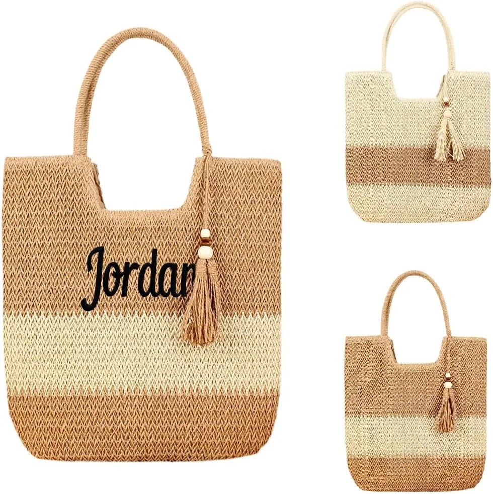 Ulico Personalized Straw Beach Bags for Women, Large Tote Bag with Embroidered Name， Lightweight Foldable Shoulder Bag